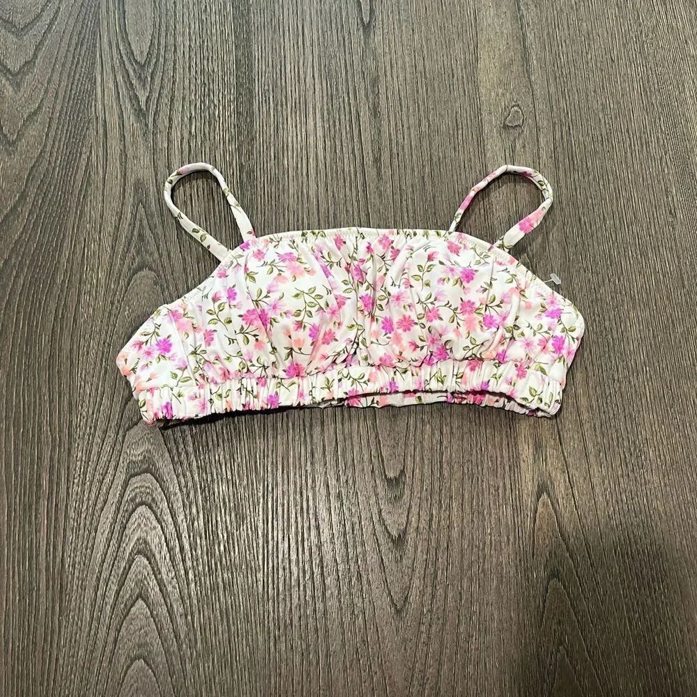 NWOT Xhilaration White Pink Floral Square Neck Bandeau Swim Top Size XS